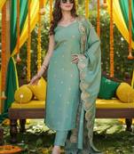 women's cotton blend embroidered kurta pant with dupatta set