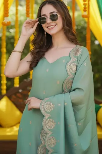 women's cotton blend embroidered kurta pant with dupatta set