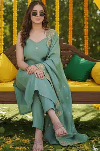 women's cotton blend embroidered kurta pant with dupatta set