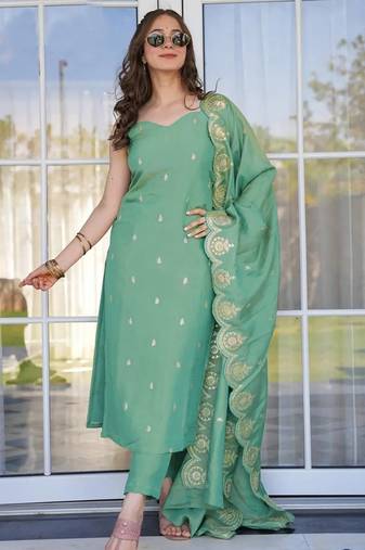 women's cotton blend embroidered kurta pant with dupatta set
