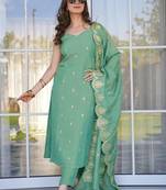 women's cotton blend embroidered kurta pant with dupatta set