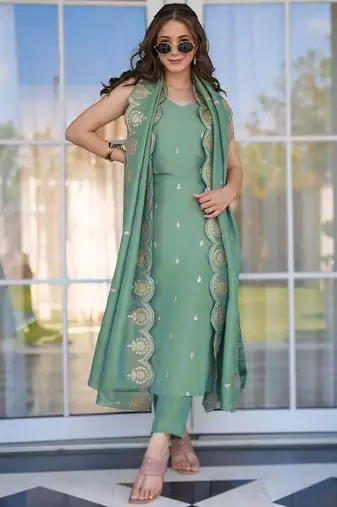 women's cotton blend embroidered kurta pant with dupatta set