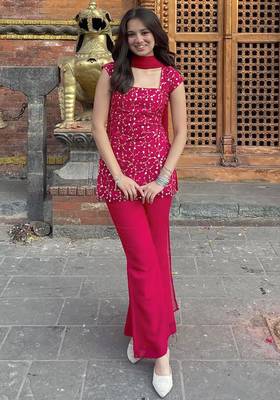 women's georgette embroidered kurta palazzo with dupatta set 1