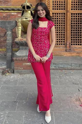 women's georgette embroidered kurta palazzo with dupatta set