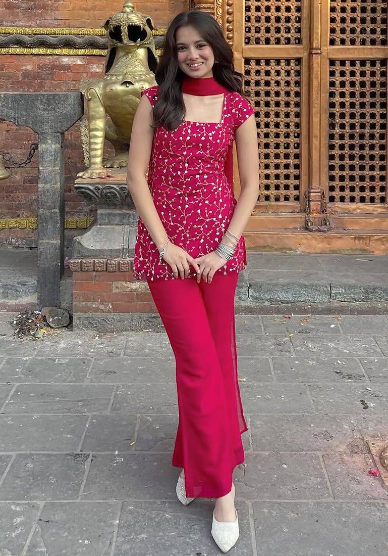 women's georgette embroidered kurta palazzo with dupatta set