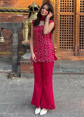 women's georgette embroidered kurta palazzo with dupatta set 2