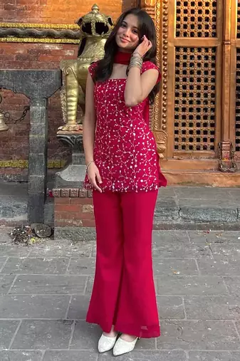 women's georgette embroidered kurta palazzo with dupatta set