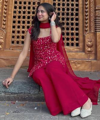 women's georgette embroidered kurta palazzo with dupatta set 4