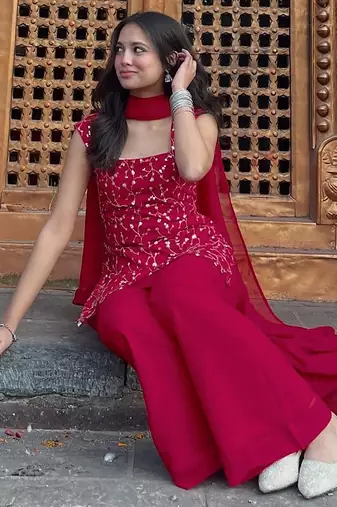 women's georgette embroidered kurta palazzo with dupatta set