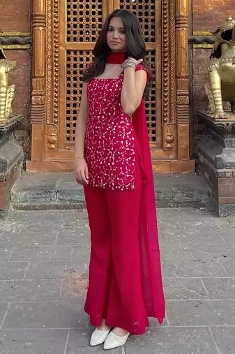 women's georgette embroidered kurta palazzo with dupatta set