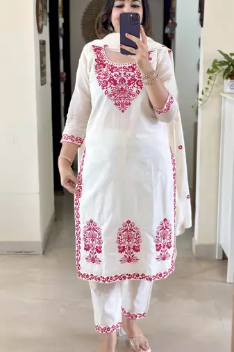 women's cotton blend embroidered kurta pant with dupatta set
