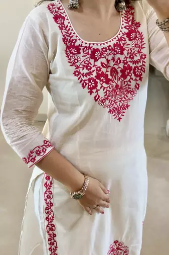 women's cotton blend embroidered kurta pant with dupatta set