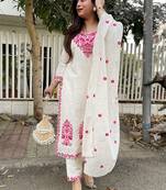 women's cotton blend embroidered kurta pant with dupatta set