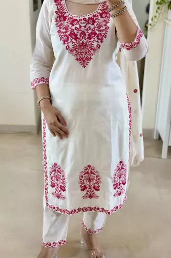 women's cotton blend embroidered kurta pant with dupatta set