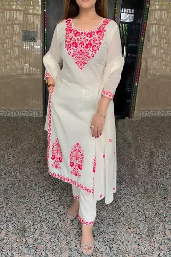 women's cotton blend embroidered kurta pant with dupatta set