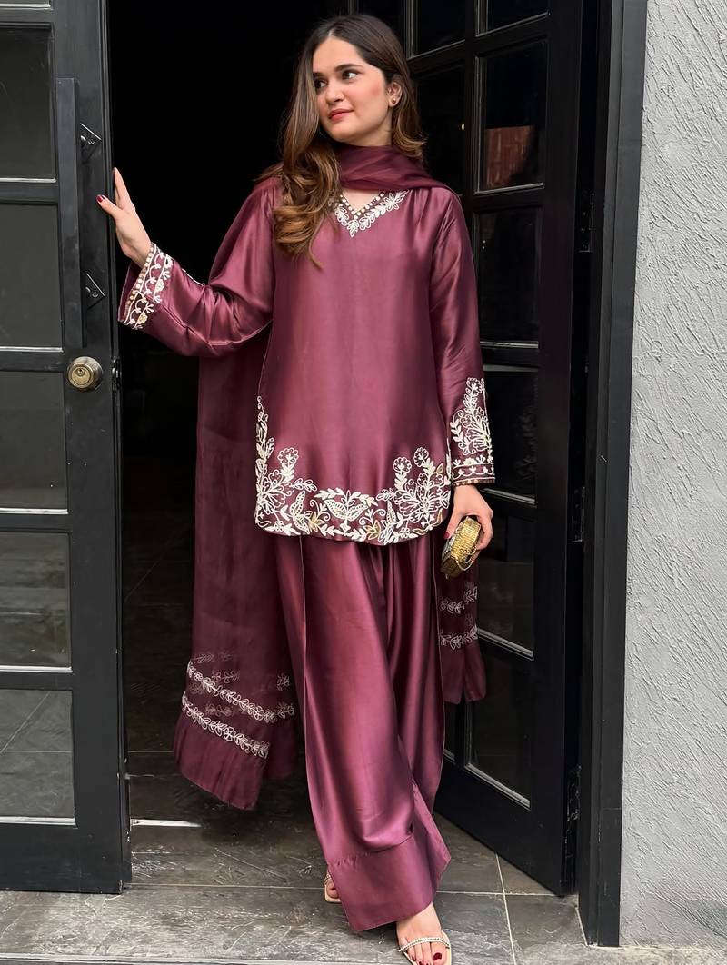women's silk embroidered farshi salwar suit with dupatta set