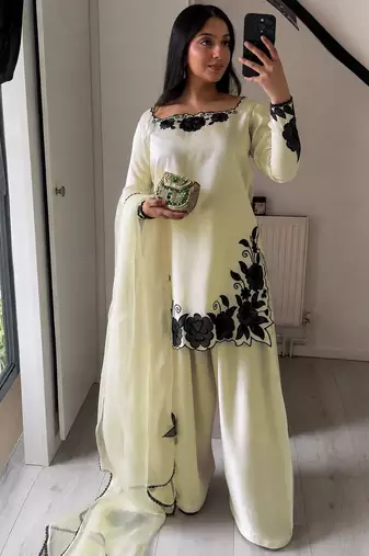 women's silk embroidered farshi salwar suit with dupatta set