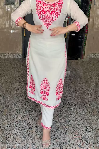 women's cotton blend embroidered kurta pant with dupatta set