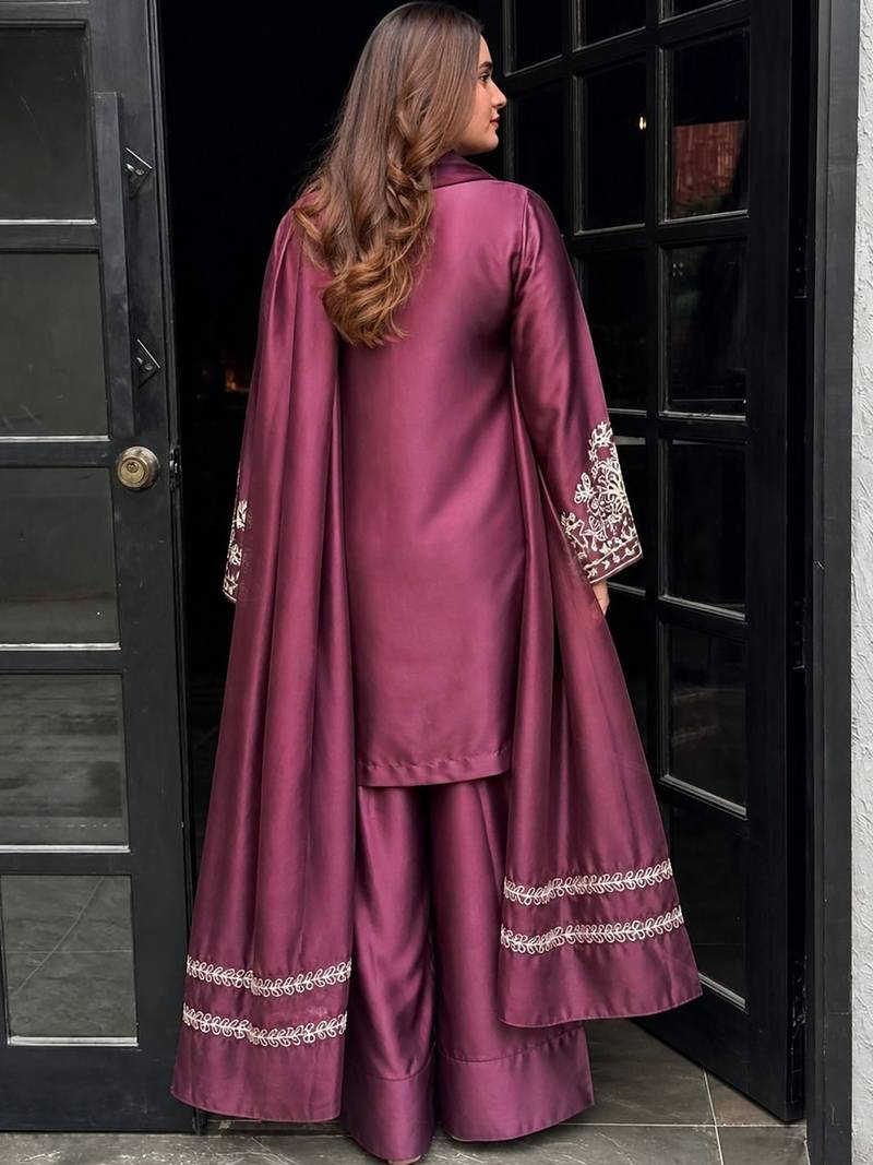 women's silk embroidered farshi salwar suit with dupatta set