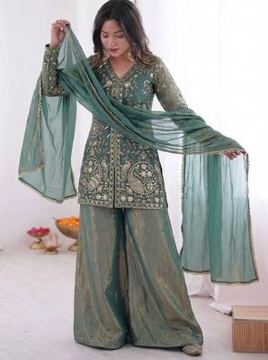 women's shimmer silk embroidered kurta palazzo with dupatta set 1