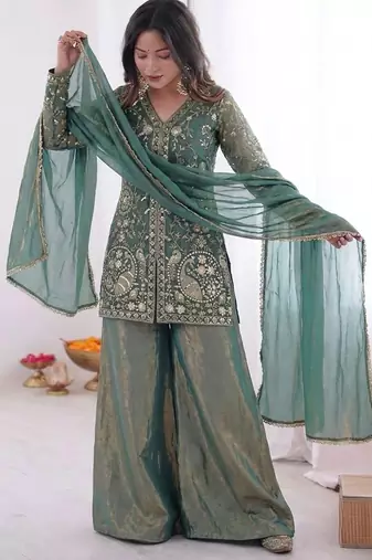 women's shimmer silk embroidered kurta palazzo with dupatta set