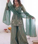 women's shimmer silk embroidered kurta palazzo with dupatta set