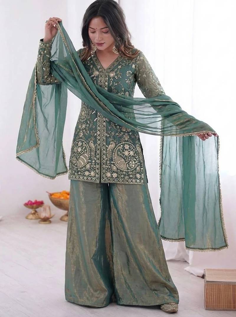 women's shimmer silk embroidered kurta palazzo with dupatta set