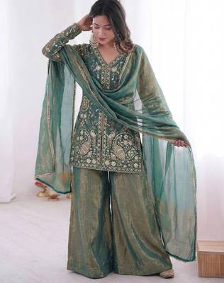 women's shimmer silk embroidered kurta palazzo with dupatta set 2