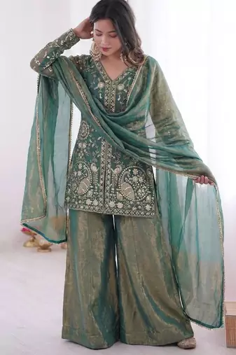 women's shimmer silk embroidered kurta palazzo with dupatta set