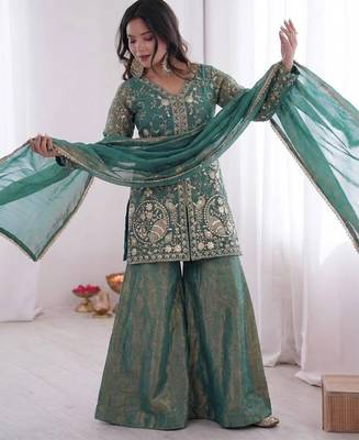 women's shimmer silk embroidered kurta palazzo with dupatta set 3