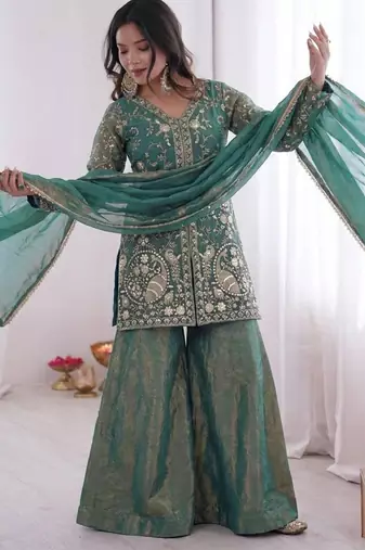 women's shimmer silk embroidered kurta palazzo with dupatta set