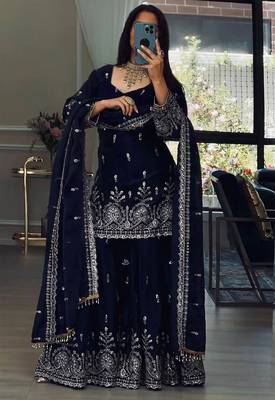women's chinnon silk embroidered kurta sharara with dupatta set 1