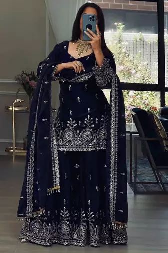 women's chinnon silk embroidered kurta sharara with dupatta set