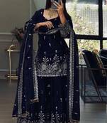 women's chinnon silk embroidered kurta sharara with dupatta set