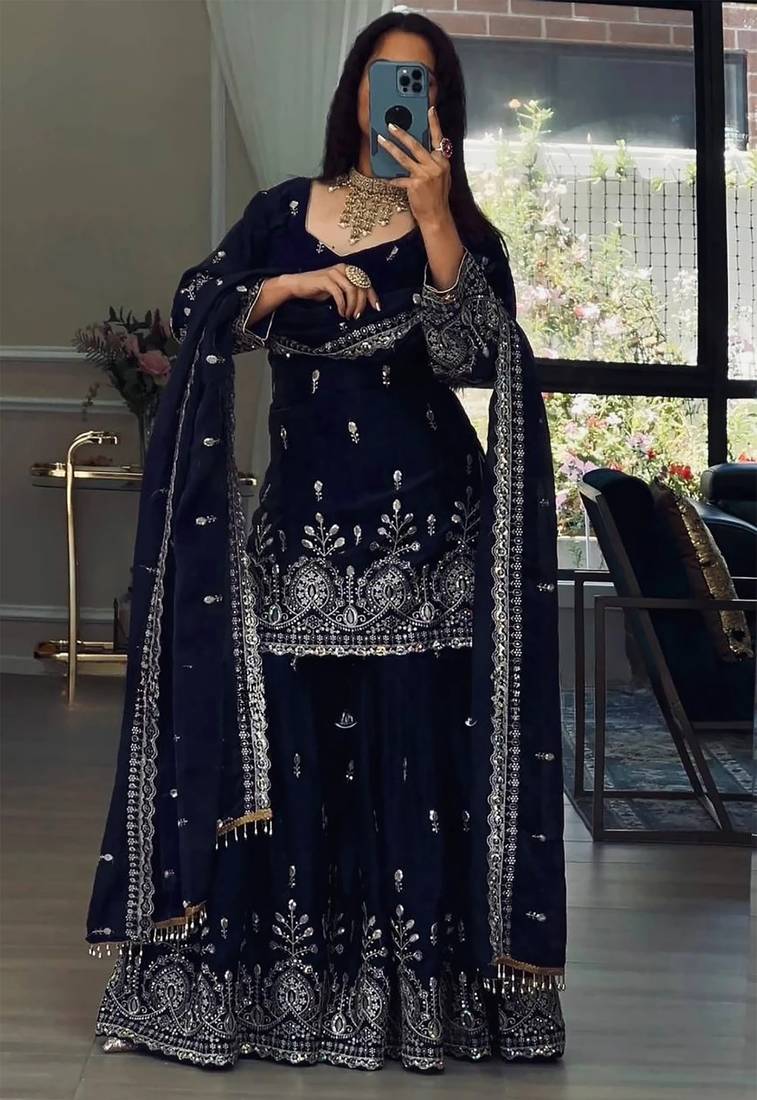 women's chinnon silk embroidered kurta sharara with dupatta set