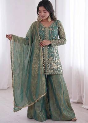 women's shimmer silk embroidered kurta palazzo with dupatta set 4