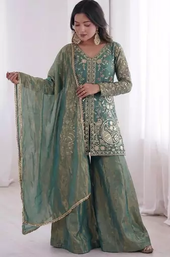 women's shimmer silk embroidered kurta palazzo with dupatta set