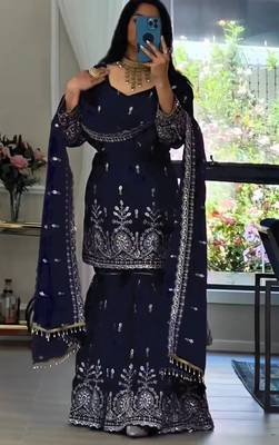 women's chinnon silk embroidered kurta sharara with dupatta set 2