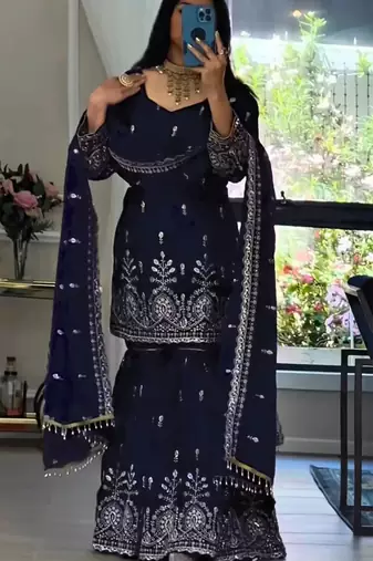 women's chinnon silk embroidered kurta sharara with dupatta set