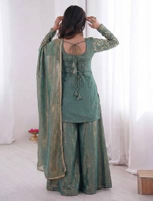 women's shimmer silk embroidered kurta palazzo with dupatta set 5