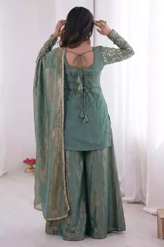 women's shimmer silk embroidered kurta palazzo with dupatta set