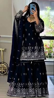 women's chinnon silk embroidered kurta sharara with dupatta set 3