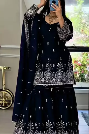women's chinnon silk embroidered kurta sharara with dupatta set