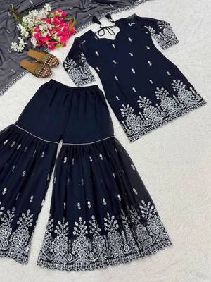 women's chinnon silk embroidered kurta sharara with dupatta set 4