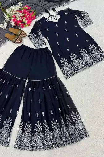 women's chinnon silk embroidered kurta sharara with dupatta set