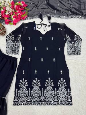women's chinnon silk embroidered kurta sharara with dupatta set 5