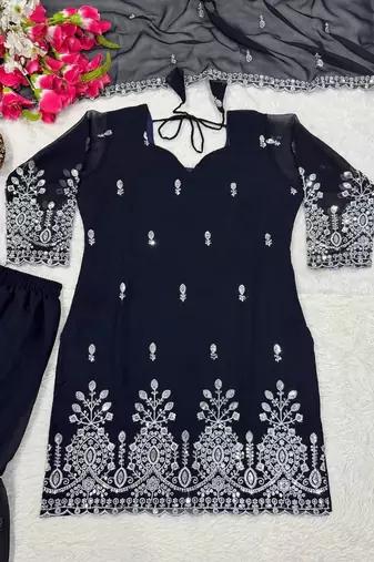women's chinnon silk embroidered kurta sharara with dupatta set