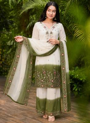 women's georgette embroidered kurta palazzo with dupatta set 1
