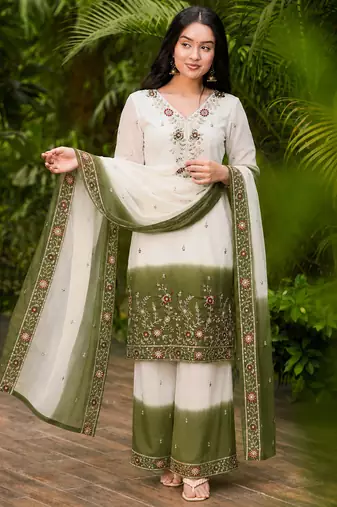women's georgette embroidered kurta palazzo with dupatta set