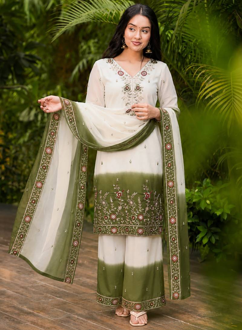 women's georgette embroidered kurta palazzo with dupatta set